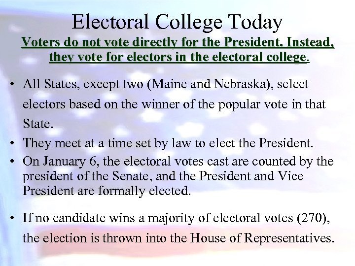 Electoral College Today Voters do not vote directly for the President. Instead, they vote