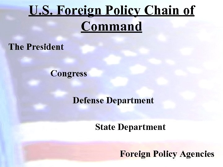 U. S. Foreign Policy Chain of Command The President Congress Defense Department State Department