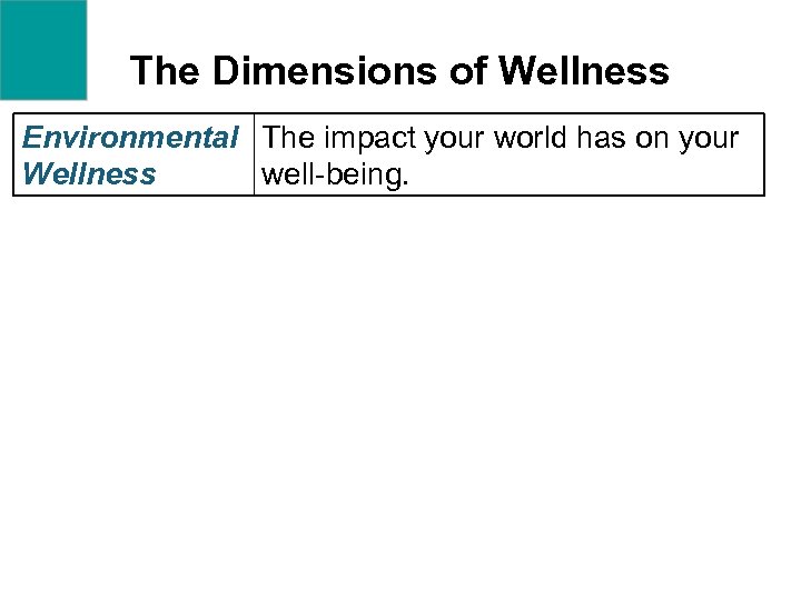 The Dimensions of Wellness Environmental The impact your world has on your Wellness well-being.
