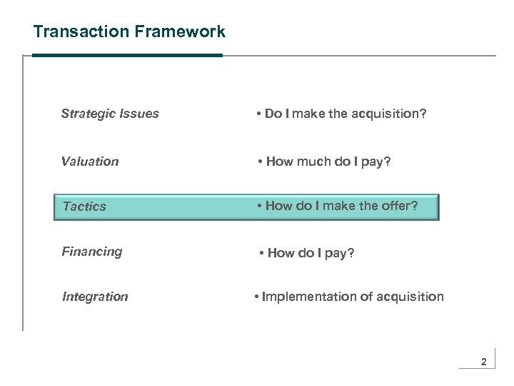 Transaction Framework Strategic Issues • Do I make the acquisition? Valuation • How much