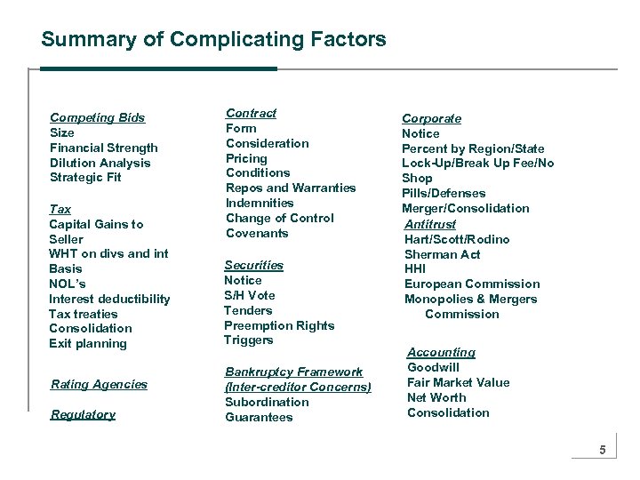 Summary of Complicating Factors Competing Bids Size Financial Strength Dilution Analysis Strategic Fit Tax