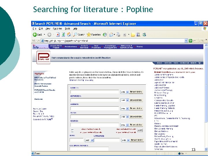 Searching for literature : Popline 13 