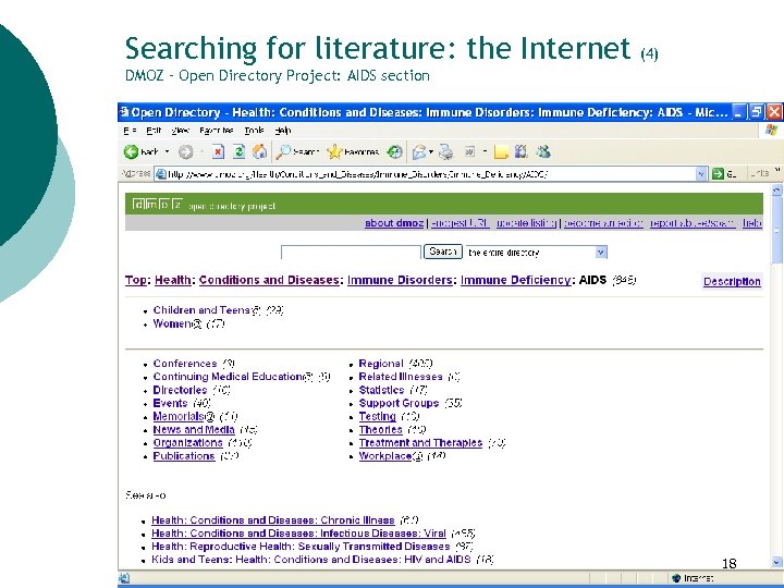 Searching for literature: the Internet (4) DMOZ – Open Directory Project: AIDS section 18