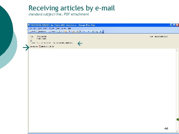 Receiving articles by e-mail standard subject line, PDF attachment 44 