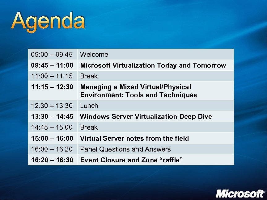 Agenda 09: 00 – 09: 45 Welcome 09: 45 – 11: 00 Microsoft Virtualization