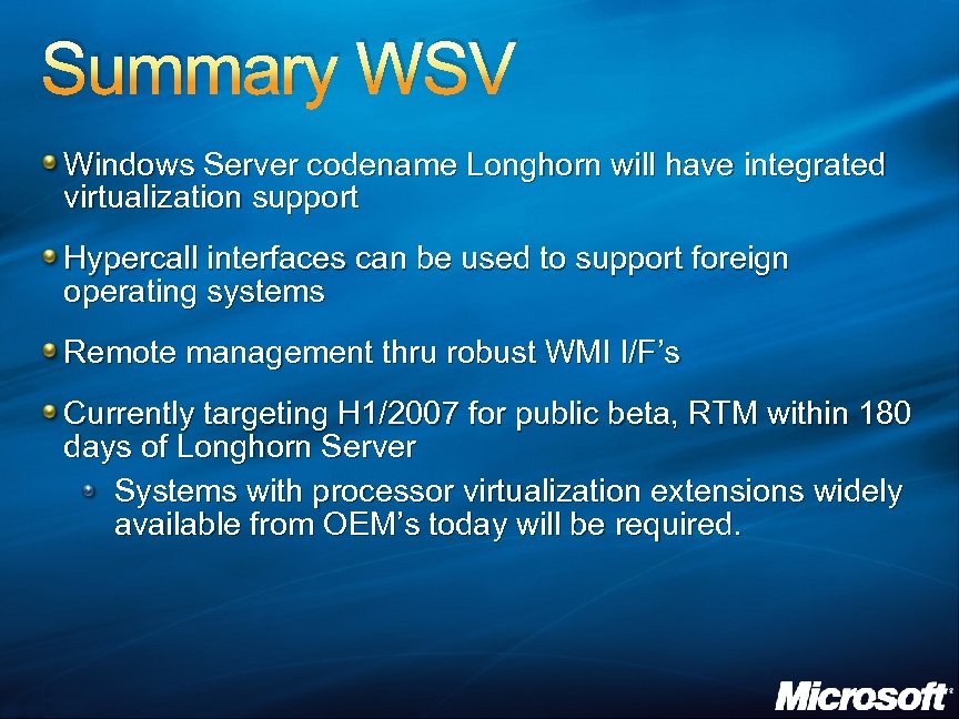 Summary WSV Windows Server codename Longhorn will have integrated virtualization support Hypercall interfaces can