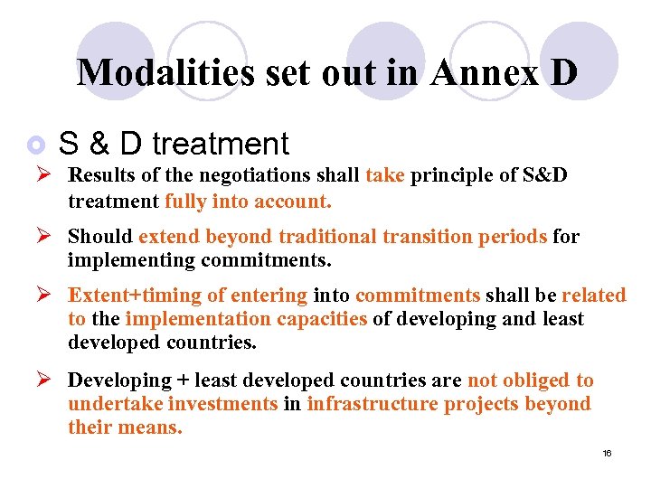 Modalities set out in Annex D £ S & D treatment Ø Results of