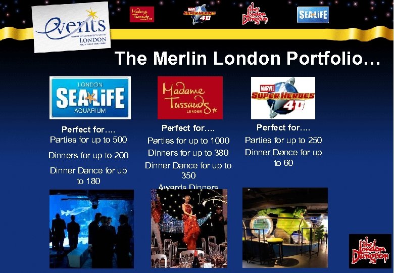 The Merlin London Portfolio… Perfect for…. Parties for up to 500 Dinners for up