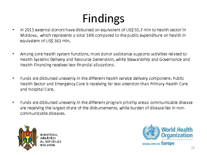 Findings In 2011 external donors have disbursed an equivalent of US$ 51. 7 mln