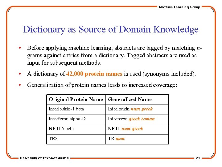 Machine Learning Group Dictionary as Source of Domain Knowledge • Before applying machine learning,