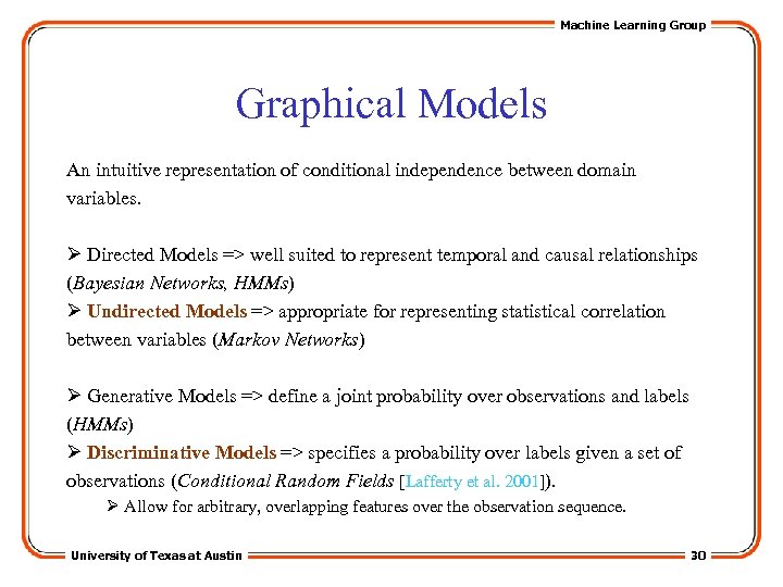 Machine Learning Group Graphical Models An intuitive representation of conditional independence between domain variables.