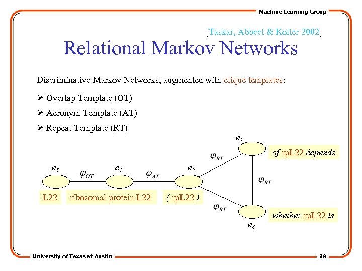 Machine Learning Group [Taskar, Abbeel & Koller 2002] Relational Markov Networks Discriminative Markov Networks,