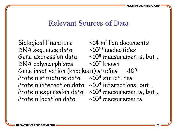 Machine Learning Group Relevant Sources of Data Biological literature ~14 million documents DNA sequence