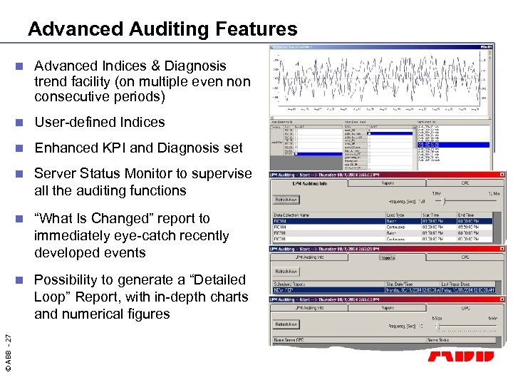 Advanced Auditing Features Advanced Indices & Diagnosis trend facility (on multiple even non consecutive