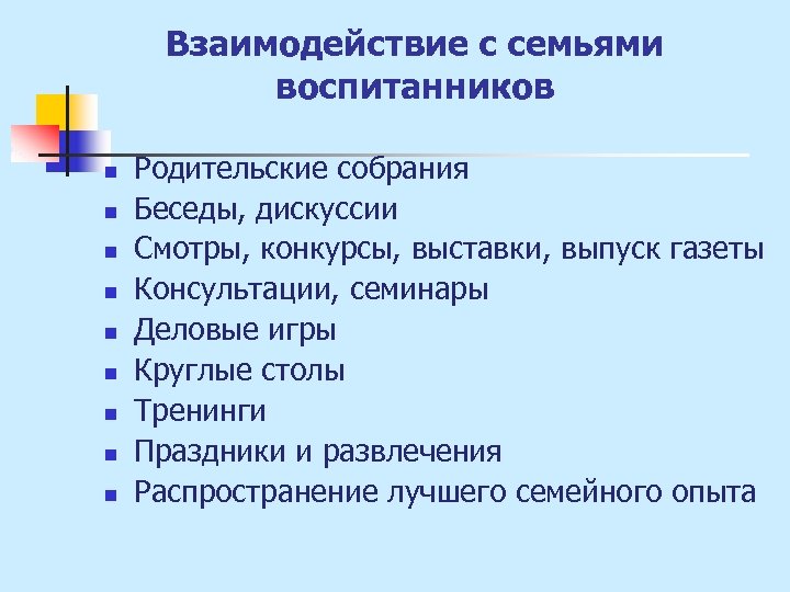 Взаимодействие с семьями воспитанников n n n n n Родительские собрания Беседы, дискуссии Смотры,