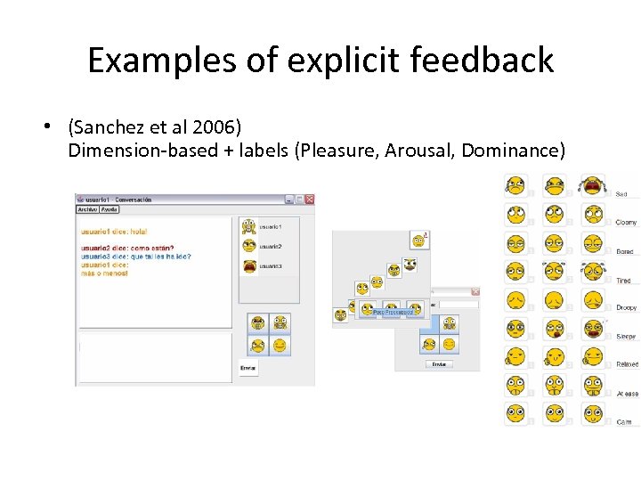 Examples of explicit feedback • (Sanchez et al 2006) Dimension-based + labels (Pleasure, Arousal,