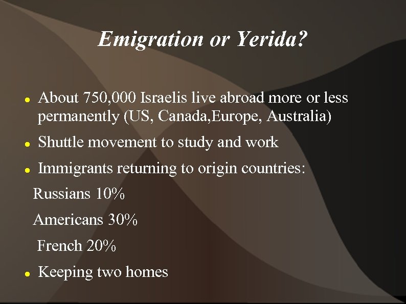 Emigration or Yerida? About 750, 000 Israelis live abroad more or less permanently (US,