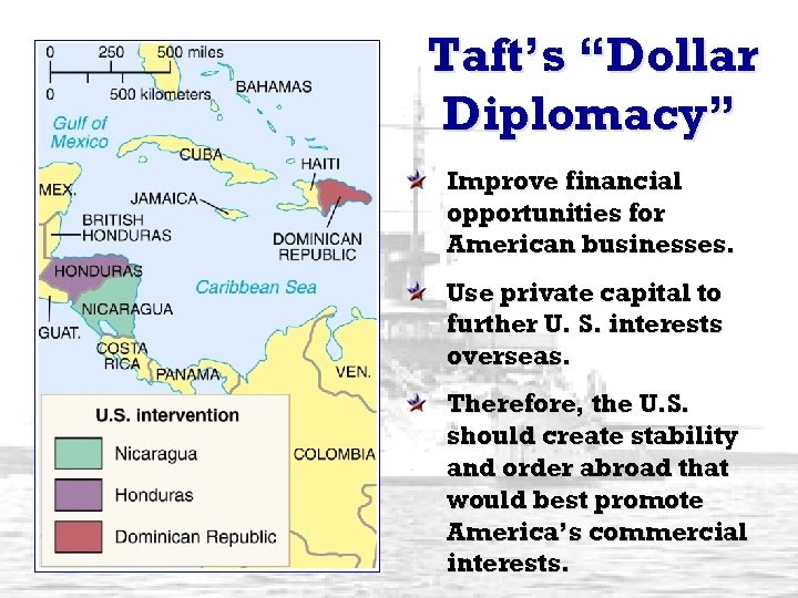 Taft’s “Dollar Diplomacy” Improve financial opportunities for American businesses. Use private capital to further