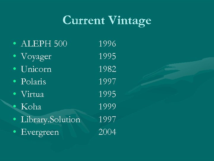 Current Vintage • • ALEPH 500 Voyager Unicorn Polaris Virtua Koha Library. Solution Evergreen