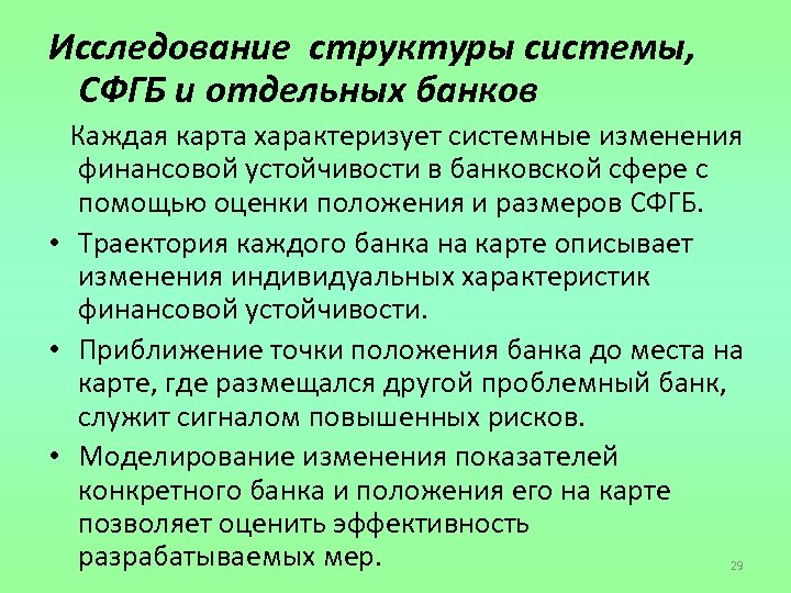 Исследование структуры системы, СФГБ и отдельных банков Каждая карта характеризует системные изменения финансовой устойчивости