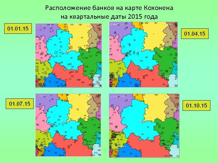 Расположение банков на карте Кохонена на квартальные даты 2015 года 01. 15 01. 07.