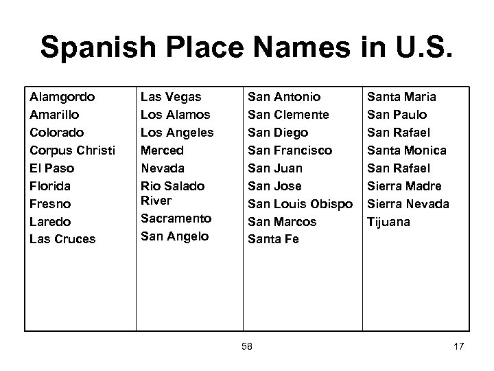 Spanish Place Names in U. S. Alamgordo Amarillo Colorado Corpus Christi El Paso Florida