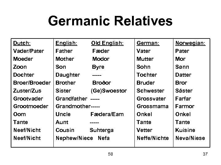 Germanic Relatives Dutch: Vader/Pater Moeder Zoon Dochter Broer/Broeder Zuster/Zus Grootvader Grootmoeder Oom Tante Neef/Nicht