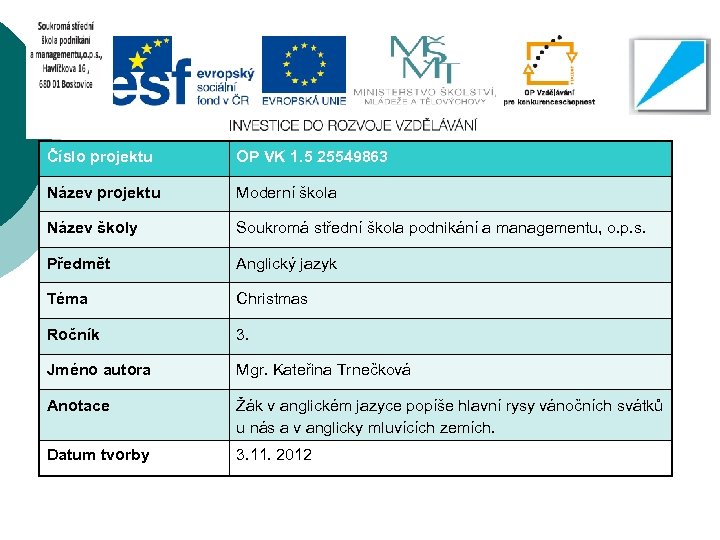 Číslo projektu OP VK 1. 5 25549863 Název projektu Moderní škola Název školy Soukromá