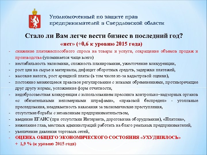 Уполномоченный по защите прав предпринимателей в Свердловской области Стало ли Вам легче вести бизнес