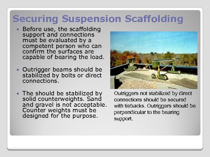 Securing Suspension Scaffolding Before use, the scaffolding support and connections must be evaluated by