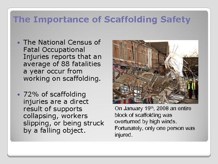 The Importance of Scaffolding Safety The National Census of Fatal Occupational Injuries reports that