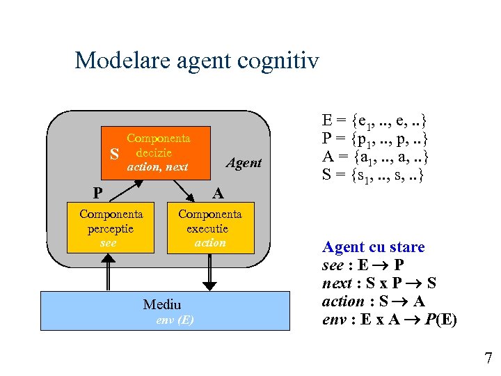 Modelare agent cognitiv S Componenta decizie action, next P Componenta perceptie see Agent A