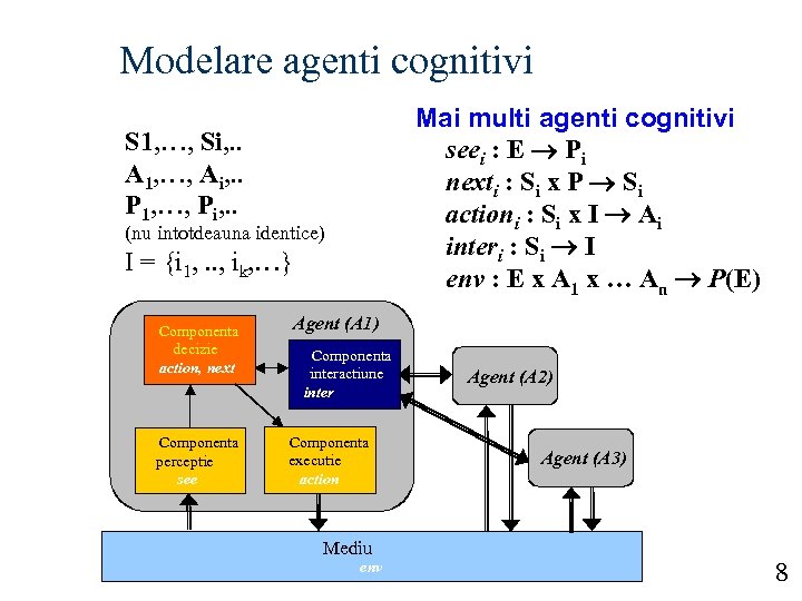 Modelare agenti cognitivi Mai multi agenti cognitivi seei : E Pi nexti : Si