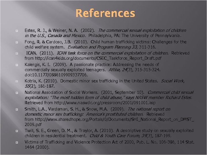 References Estes, R. J. , & Weiner, N. A. (2002). The commercial sexual exploitation