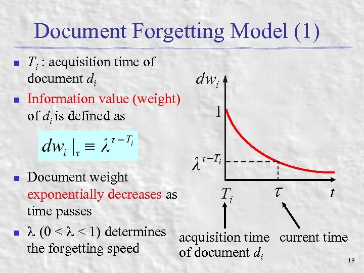 Document Forgetting Model (1) n n Ti : acquisition time of document di Information