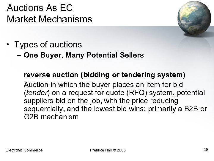 Auctions As EC Market Mechanisms • Types of auctions – One Buyer, Many Potential