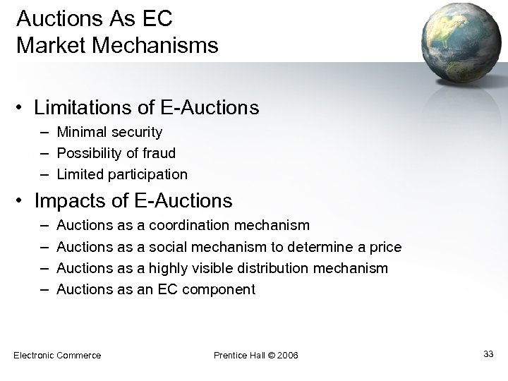 Auctions As EC Market Mechanisms • Limitations of E-Auctions – Minimal security – Possibility