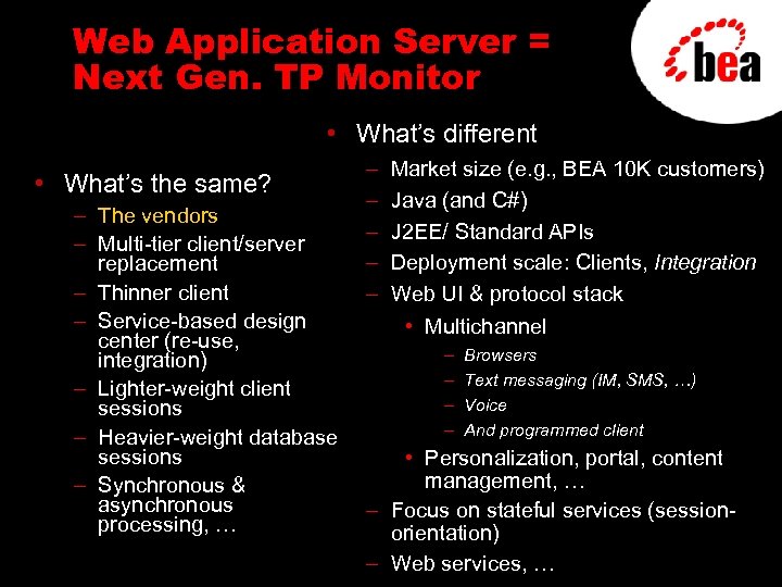 Web Application Server = Next Gen. TP Monitor • What’s different • What’s the