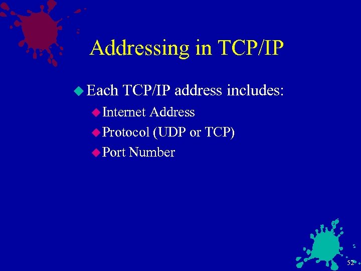 Addressing in TCP/IP u Each TCP/IP address includes: u Internet Address u Protocol (UDP