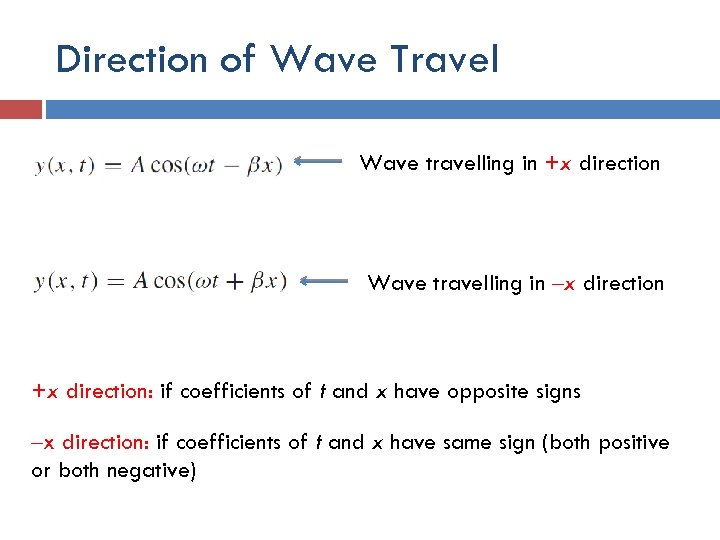 Direction of Wave Travel Wave travelling in +x direction Wave travelling in ‒x direction