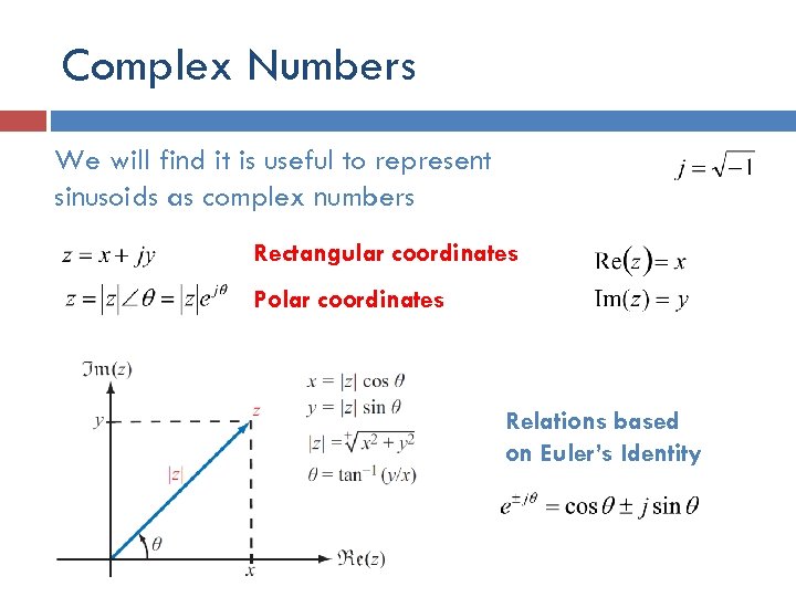 Complex Numbers We will find it is useful to represent sinusoids as complex numbers