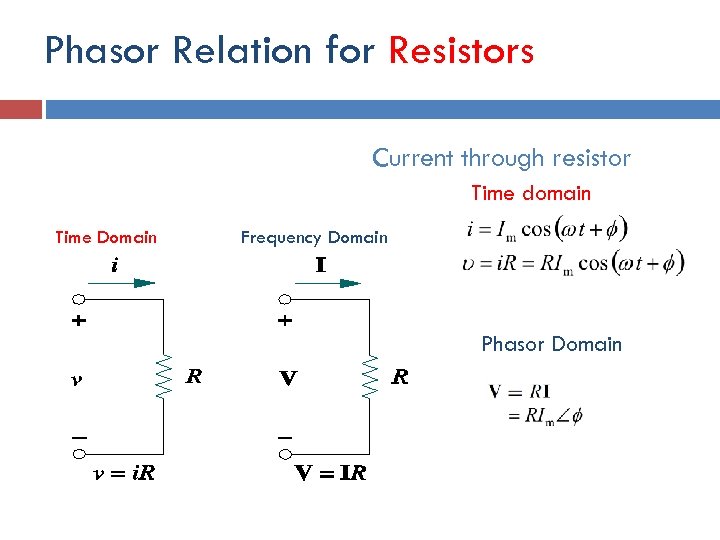 Phasor Relation for Resistors Current through resistor Time domain Time Domain Frequency Domain Phasor