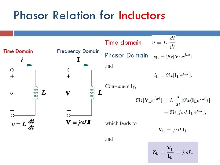 Phasor Relation for Inductors Time domain Phasor Domain Time Domain 