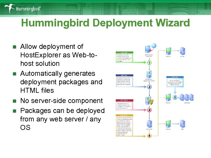 Hummingbird Deployment Wizard Allow deployment of Host. Explorer as Web-tohost solution n Automatically generates