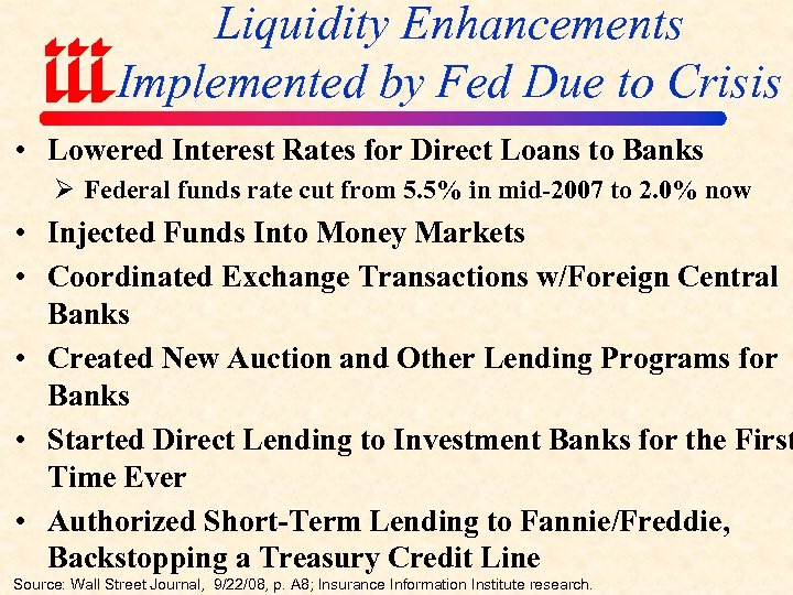 Liquidity Enhancements Implemented by Fed Due to Crisis • Lowered Interest Rates for Direct