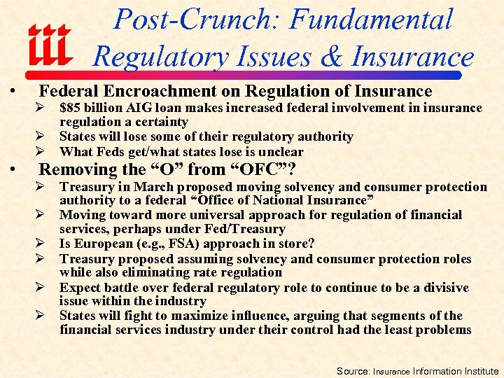 Post-Crunch: Fundamental Regulatory Issues & Insurance • • Federal Encroachment on Regulation of Insurance