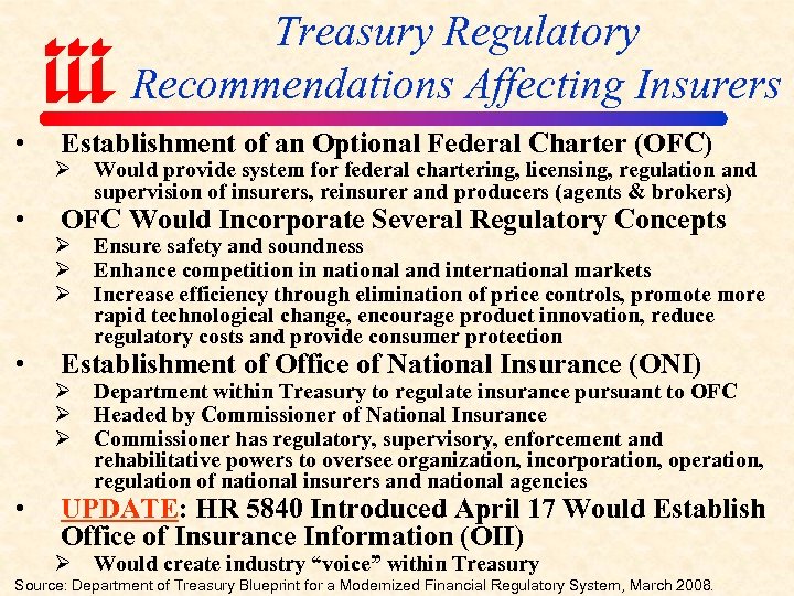 Treasury Regulatory Recommendations Affecting Insurers • • Establishment of an Optional Federal Charter (OFC)