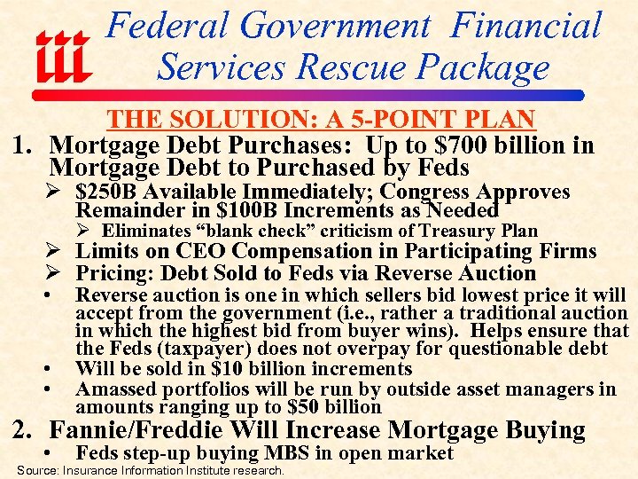 Federal Government Financial Services Rescue Package THE SOLUTION: A 5 -POINT PLAN 1. Mortgage