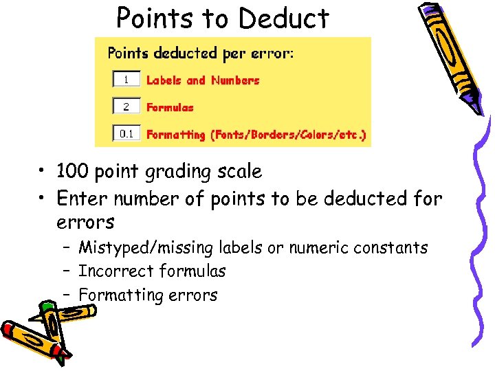 Points to Deduct • 100 point grading scale • Enter number of points to
