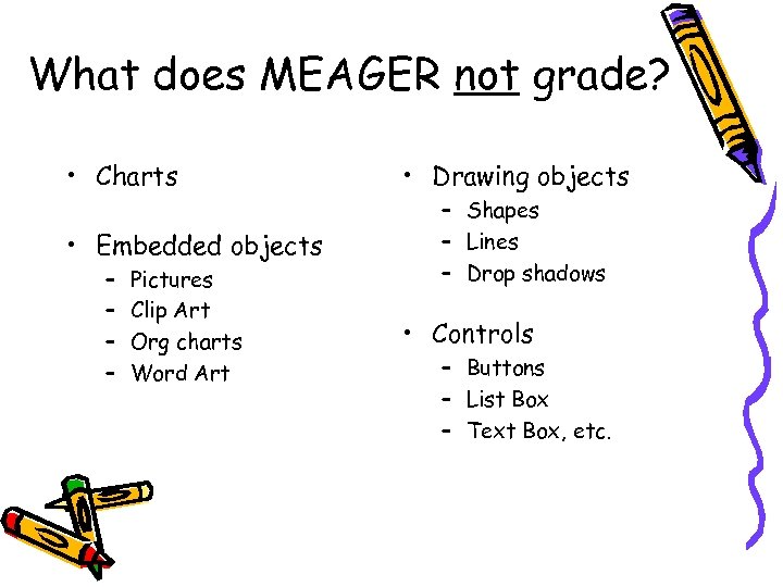 What does MEAGER not grade? • Charts • Embedded objects – – Pictures Clip